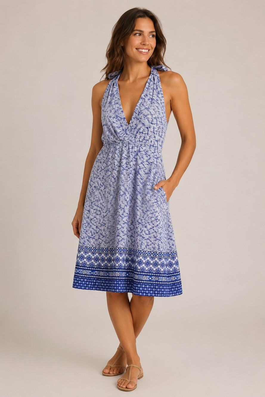 Athleta Blue White Halter Sundress Swim Cover Up Open Back Dress Size 8